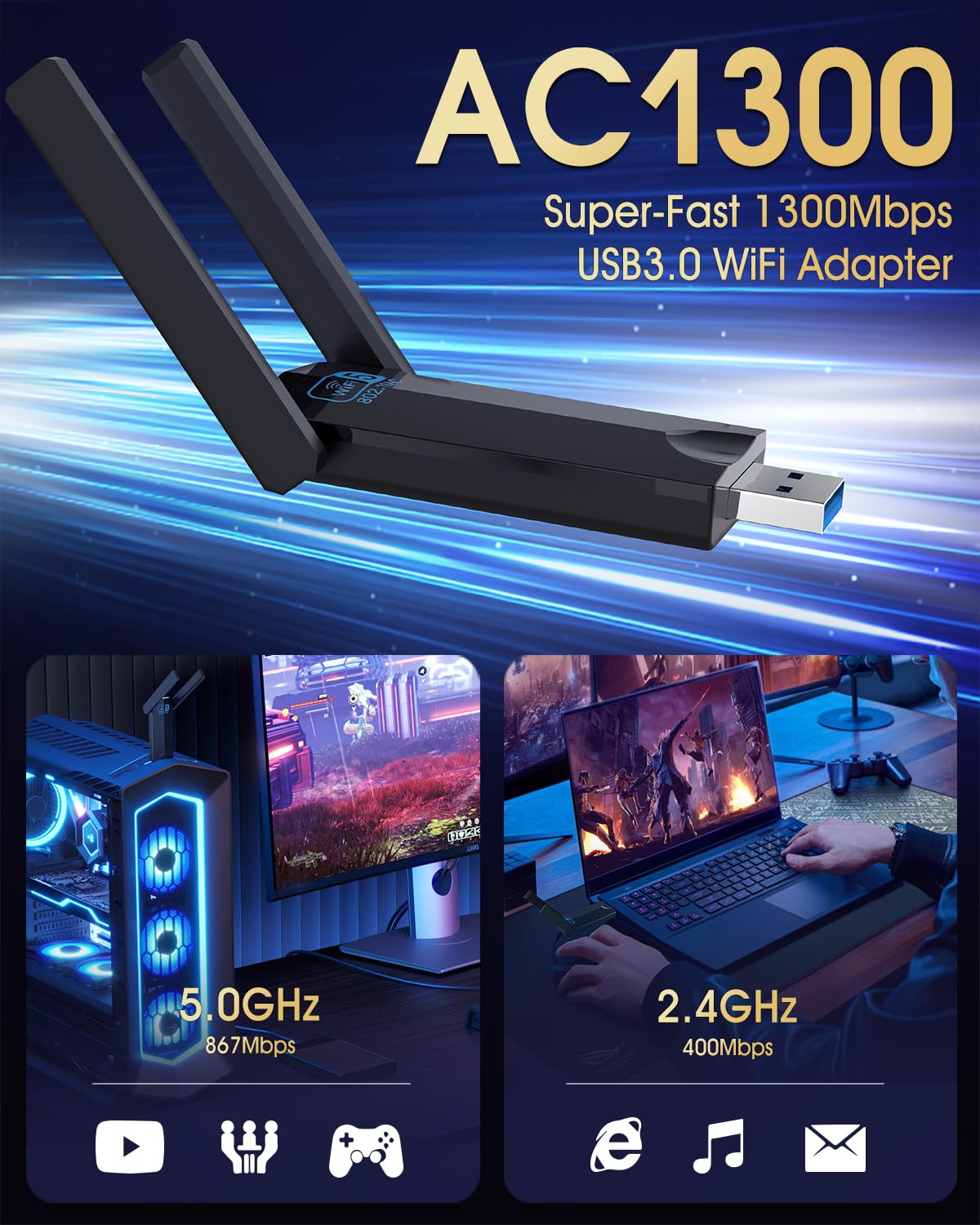 Wireless USB 3.0 WiFi Adapter for Desktop PC, AC 1300Mbps USB WiFi Dual-Band Network Adapter for PC with 400Mbps/2.4G 867Mbps/5G,Dual 5Dbi Antennas