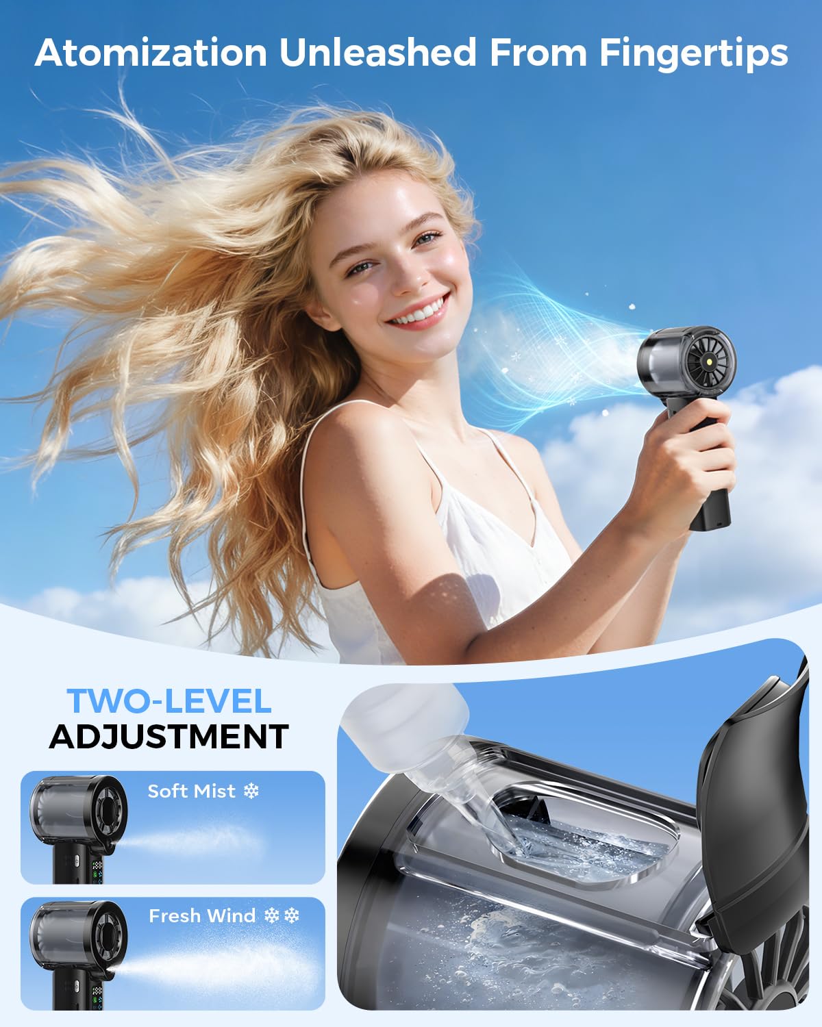 Doge&Vollar Portable Misting Handheld Fan,4?in?1 Spray Cooling Turbo Fan,5000mAh Rechargeable,Up to 30H Runtime,100?Speed Wind,Flashlight SOS