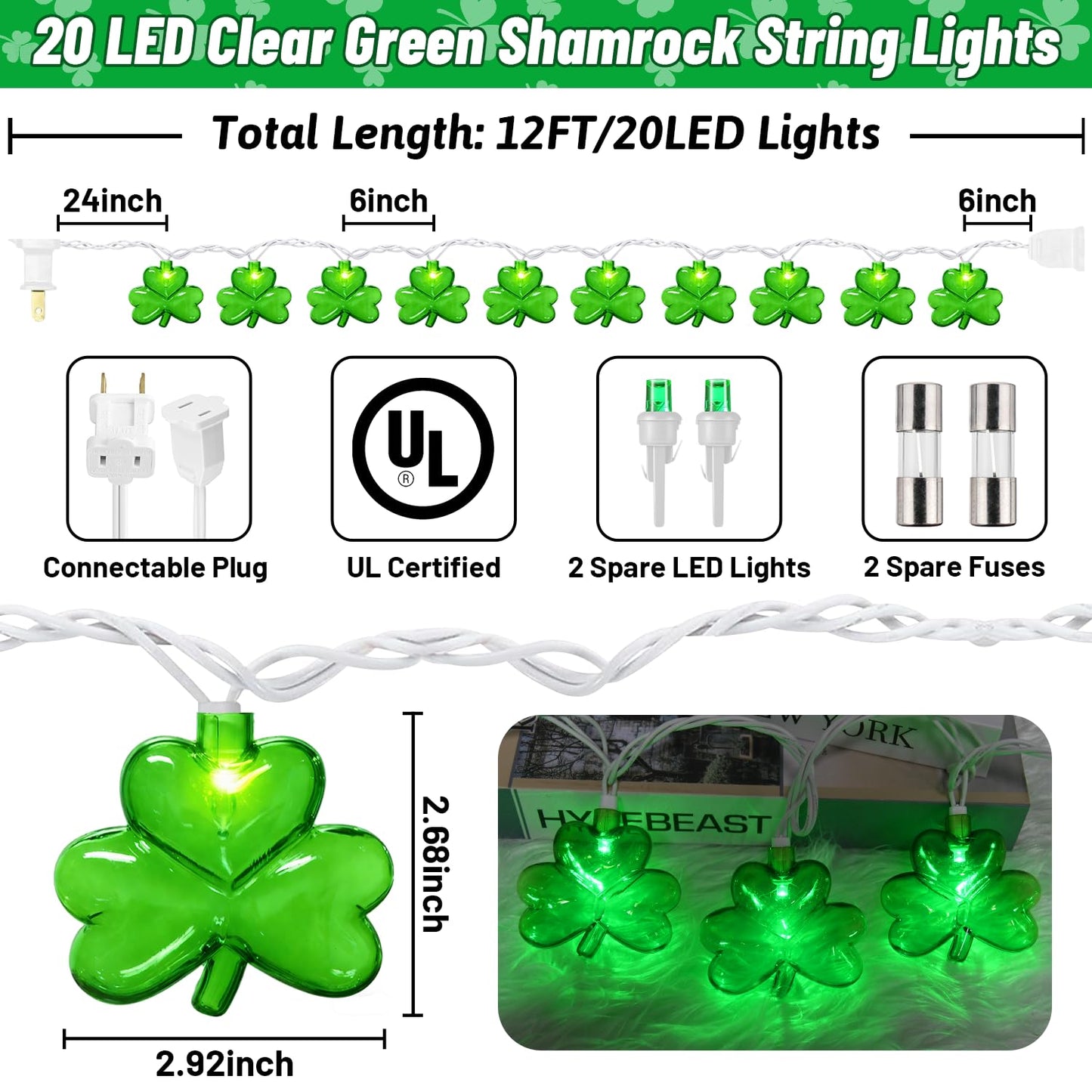 20LED St Patrick's Day Decorations Lights, 12Ft Clear Green Shamrock String Lights Outdoor Waterproof with 20 LED Lucky Clover Lights, UL Certified