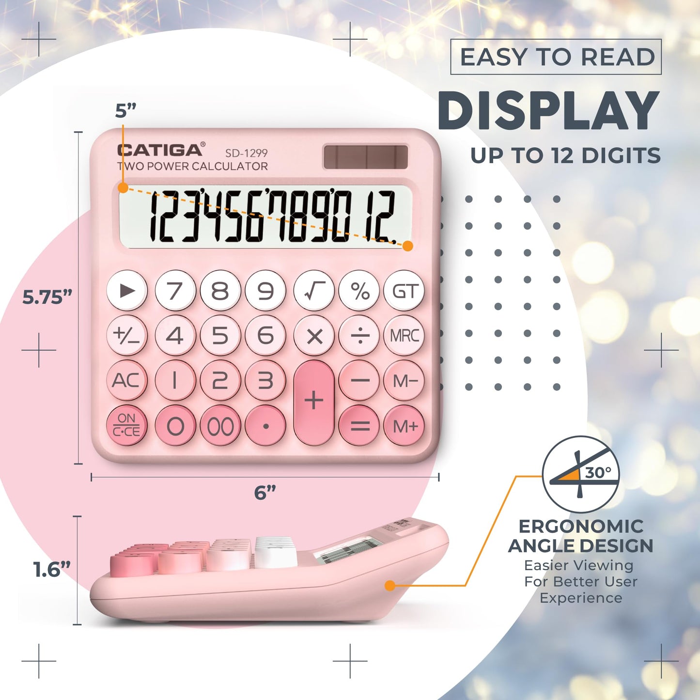 CATIGA Mechanical Switch Calculator with Solar and Battery Dual Power, 12-Digit Large LCD Display, Aesthetic and Cute Desktop Calculator with Big