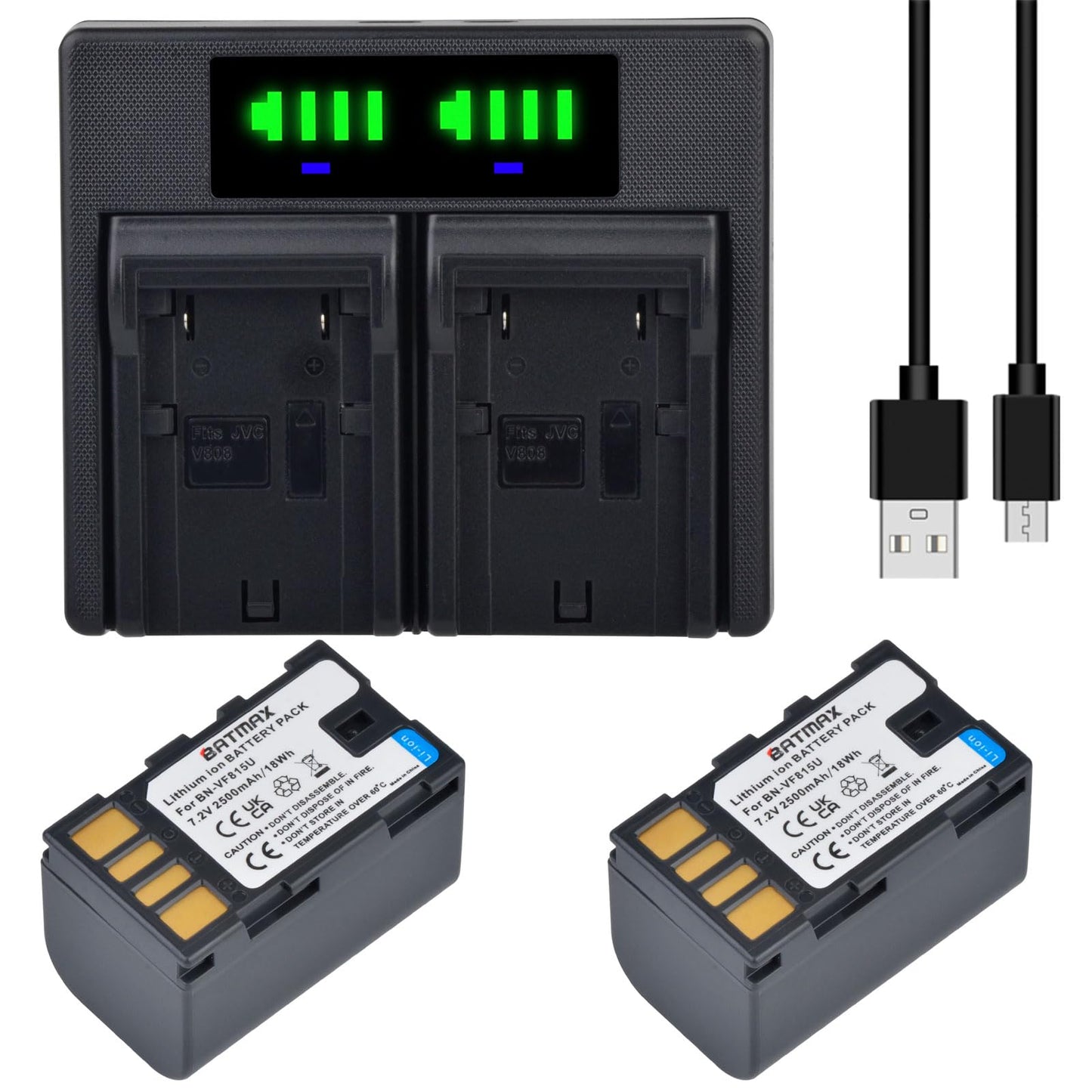 Batmax 2Pcs 2500mAh BN-VF815 Battery + Quick LED USB Charger with Type C Port for JVC BN-VF815 BN-VF815U and JVC Everio GZ-MG130 148 150 155 175 255