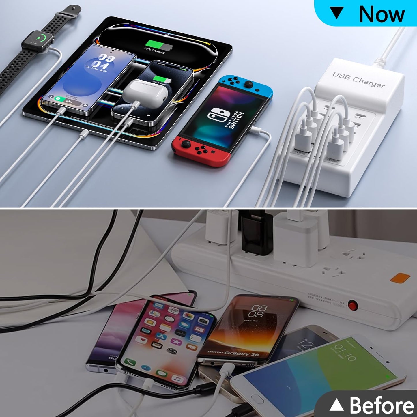 USB Charging Station, 12 Ports (6USBA + 6USBC) USB Charger Hub, 50W Multi USBC Power Strip for iPhone, Samsung, Tablet, USBA Extension Cord