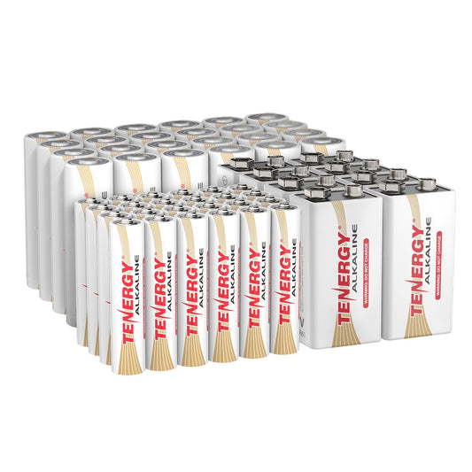 Tenergy 56 Pack Alkaline Batteries, 24 Pack AA, 24 Pack AAA, and 8 Pack 9V Size Batteries for Household Electronics