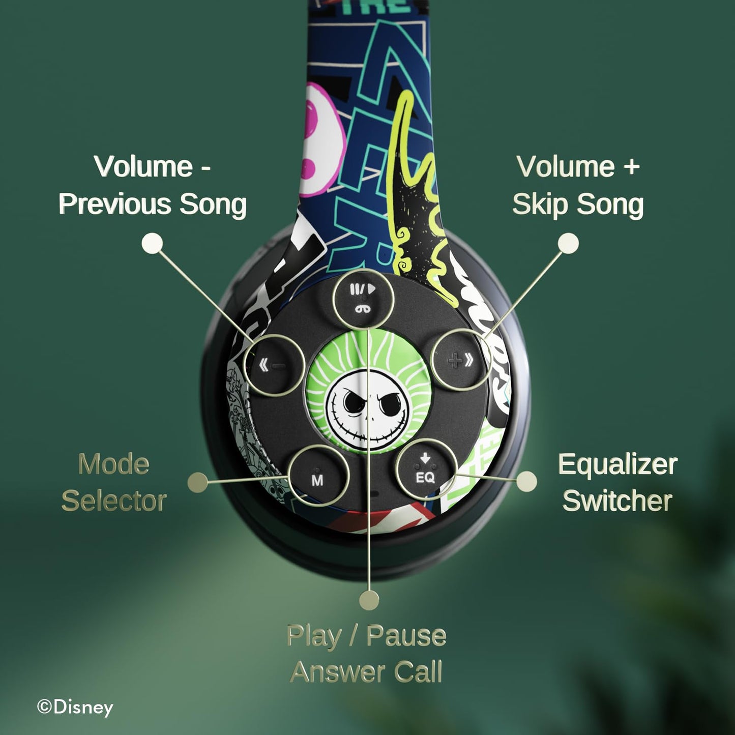 iJoy Disney Nightmare Before Christmas Jack Sticker Bluetooth Headphones - Wireless Foldable Over-Ear Headset, Built-in Mic, Enchanting Sally…
