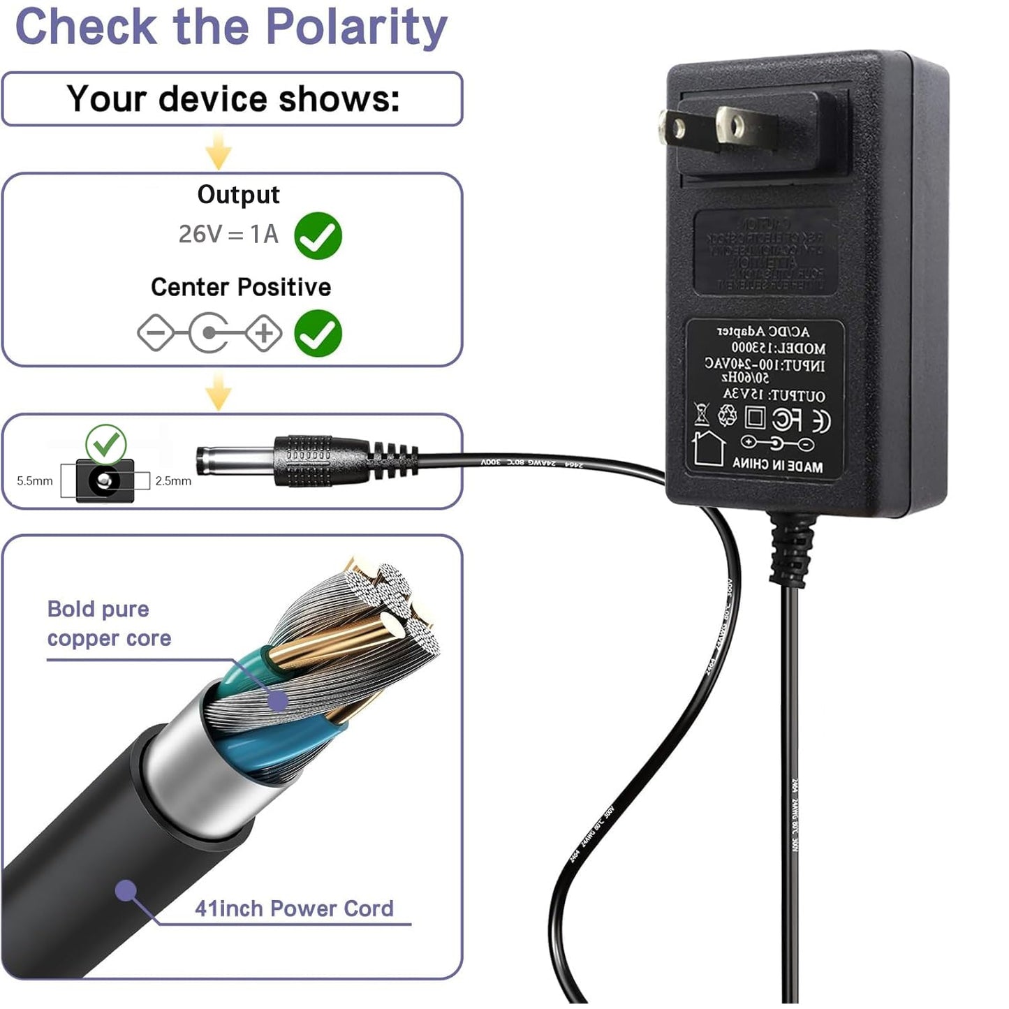 26V 1A Extra Long 6.6FT FEIYIU Power Supply Charger Cable (Input AC 100V-240V, Output DC 26 Volt 1 Amp 26 Watt) Adapter Transformer Converter DC…