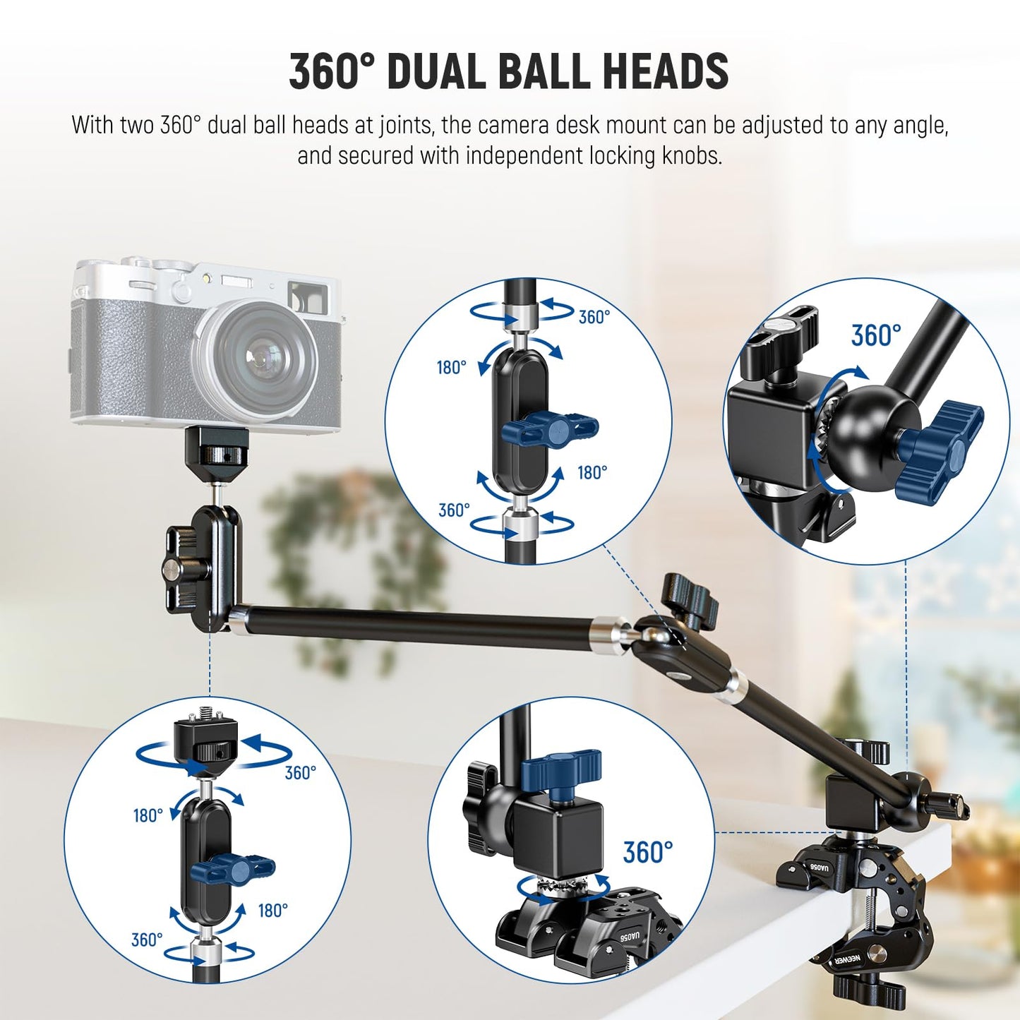 NEEWER 30" Articulating Magic Arm with Super Clamp/Action Cam Mount/Phone Holder, Overhead Camera Desk Mount Mic Boom Stand, Compatible with GoPro
