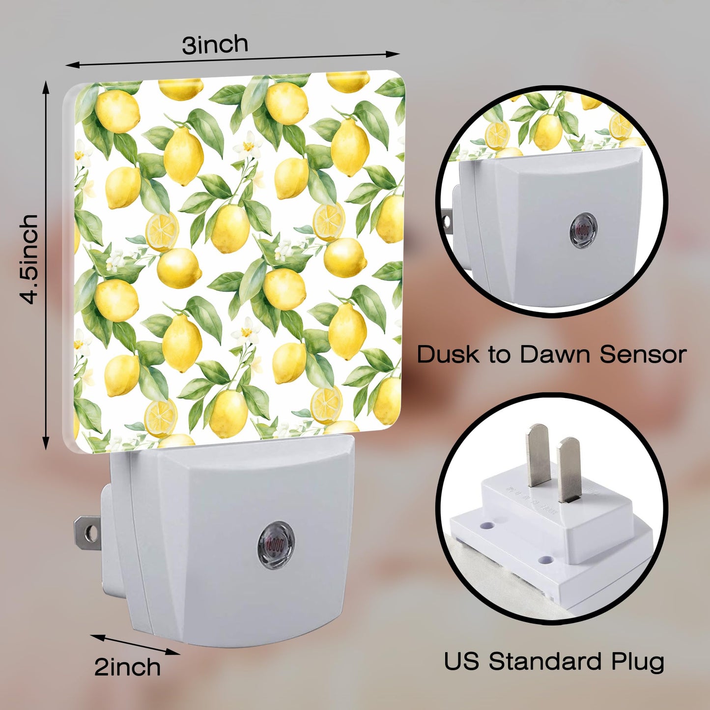 sndheke Lemon with Flowers Night Light, Fresh Lemon Fruits Floral Dusk to Dawn Night Light Plug in,0.5w Energy Saving Sleep Friendly Nightlights