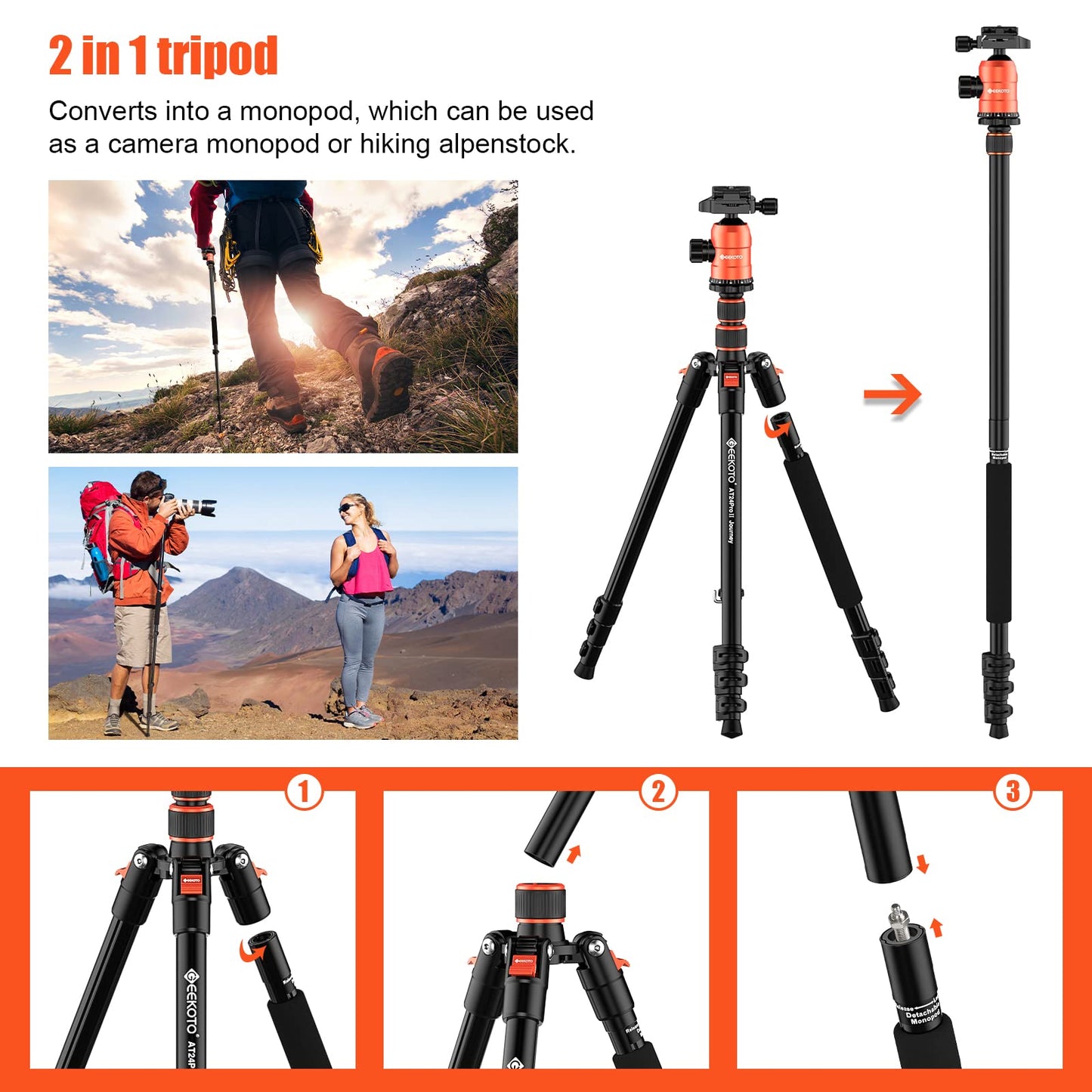 [Upgrade Version] GEEKOTO 77'' Aluminum Camera Stand & Monopod, Foldable Travel Gear with 360° Ball Head and Quick Release Plate for DSLR, Work,