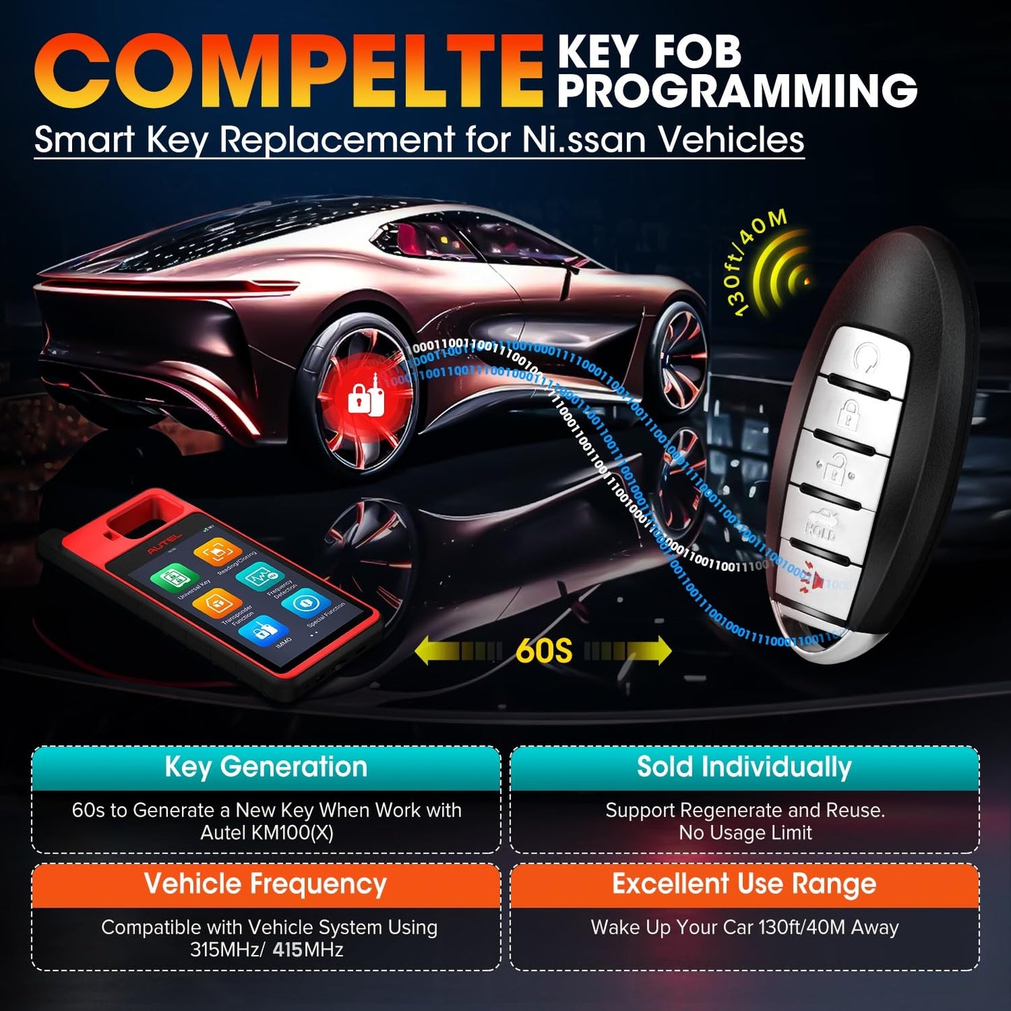 Autel MaxiIM IKEY Programmable Car Key, IKEYNS005AL Key Fob Replacement for Nissan, 5 Buttons Blank Key Work with Autel KM100(X) IM508S IM608S II