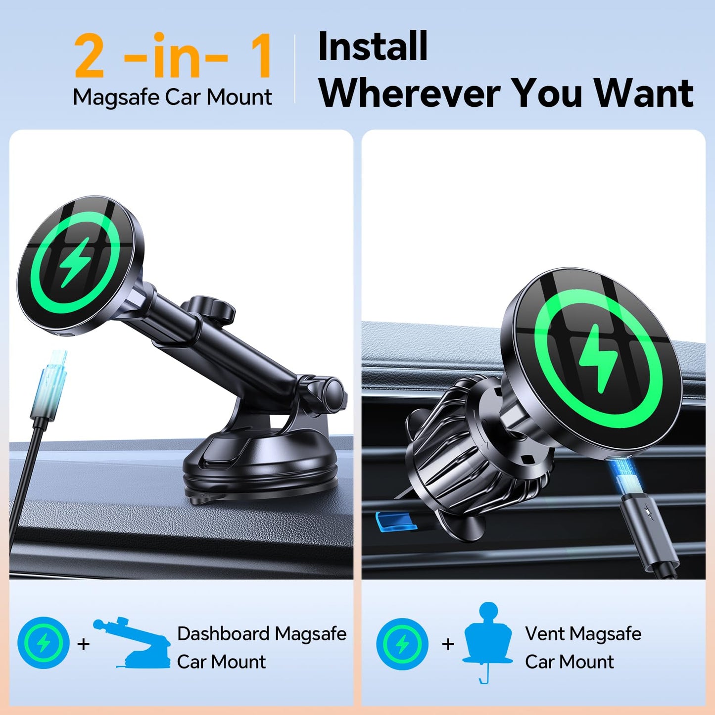 Coolpow for MagSafe Car Mount Charger?Ultra Magnet?Magnetic Phone Holders for Your Car Charger Magnetic Wireless Car Phone Holder Charger Car