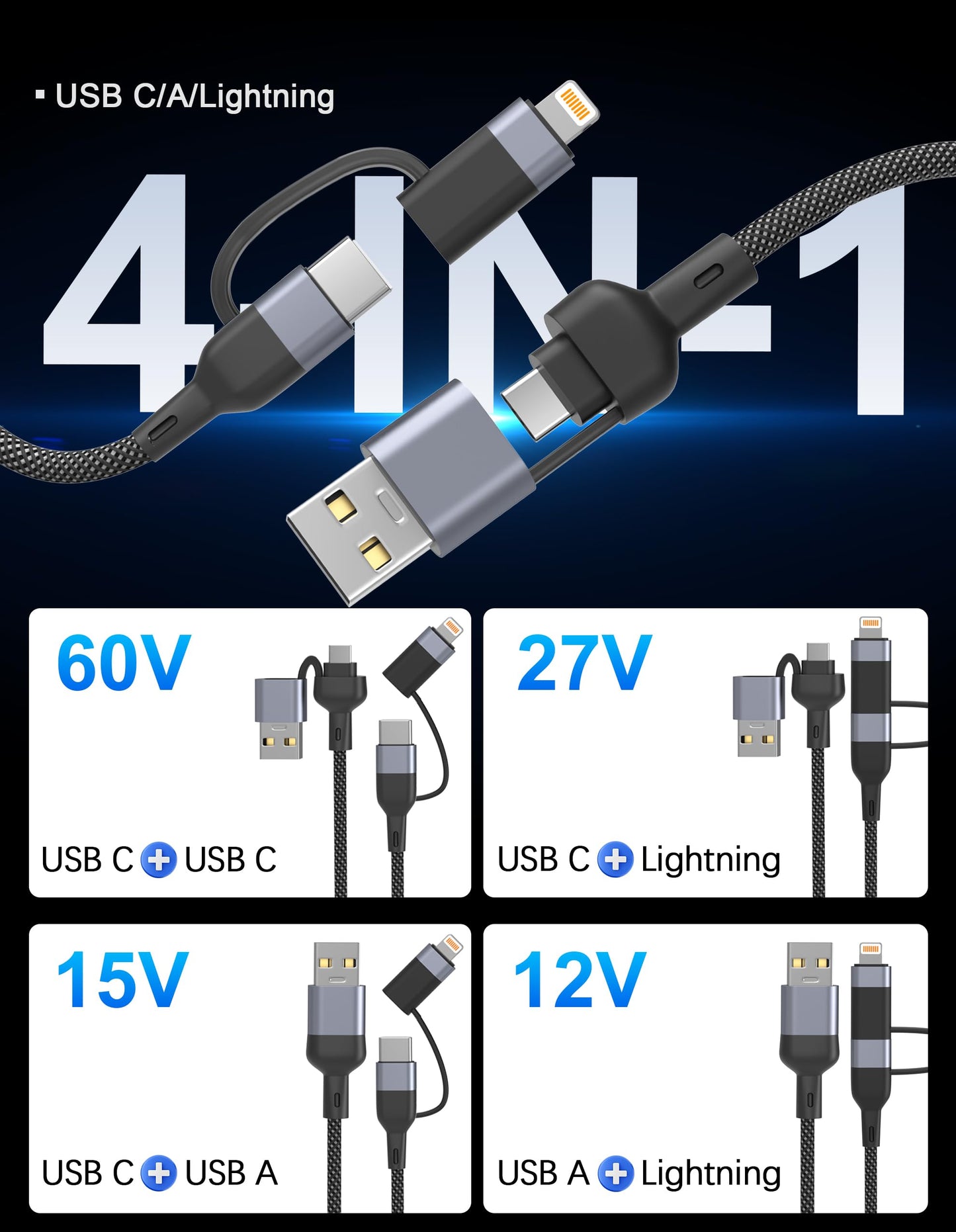WORLDBOYU 2-in-2 USB C Lightning Cable, 60W Fast Charging, 4FT, Multi IP-ad Charger Cord for iPhone 15/15 Pro/15 Plus/14 Pro Max
