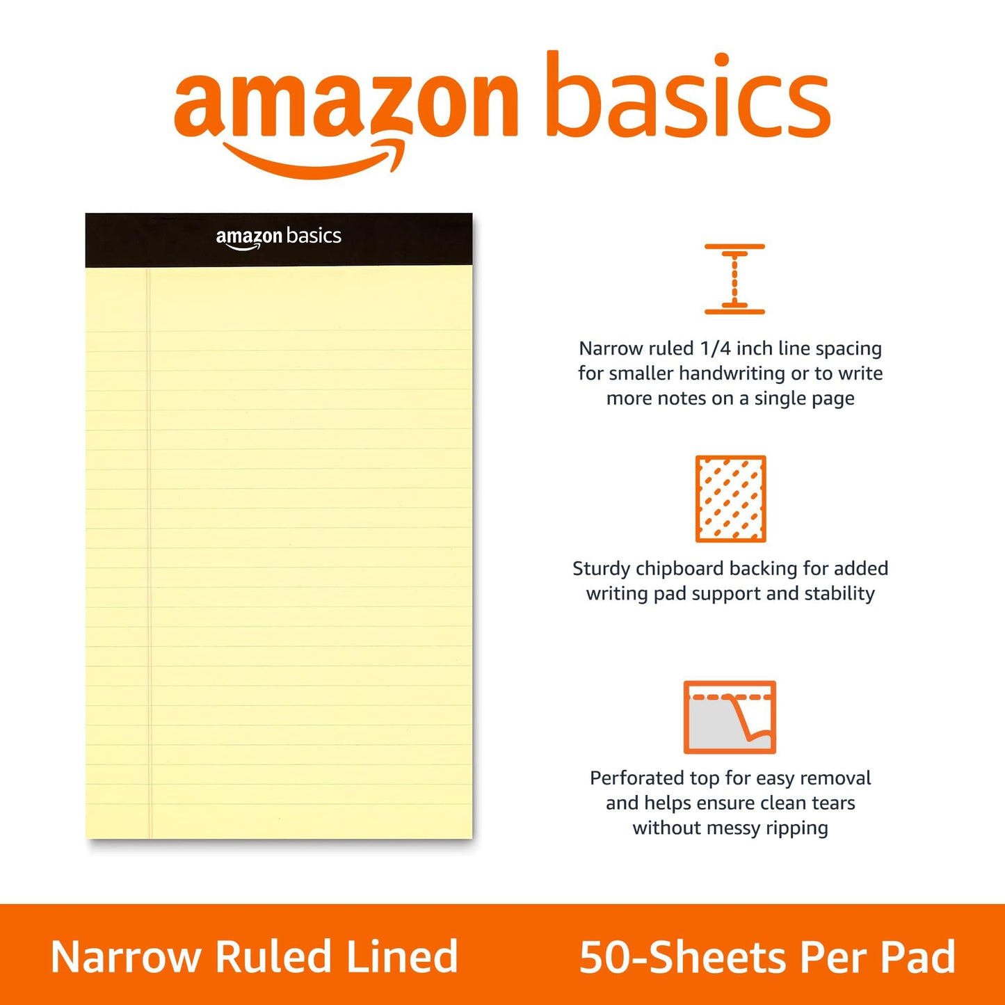 Amazon Basics 50-Sheet Narrow Ruled Lined Writing Note Pad, 5" x 8", 12-Pack, Canary, Perforated