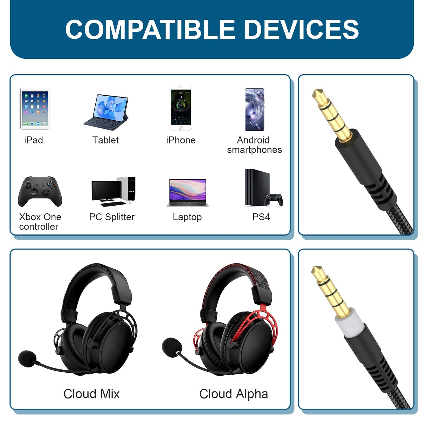 HyperX Cloud Alpha Replacement Cable - Compatible with Cloud Alpha, Mix, Flight, Logitech G633, G933 Gaming Headsets - 3.5mm Audio Cable with Mute