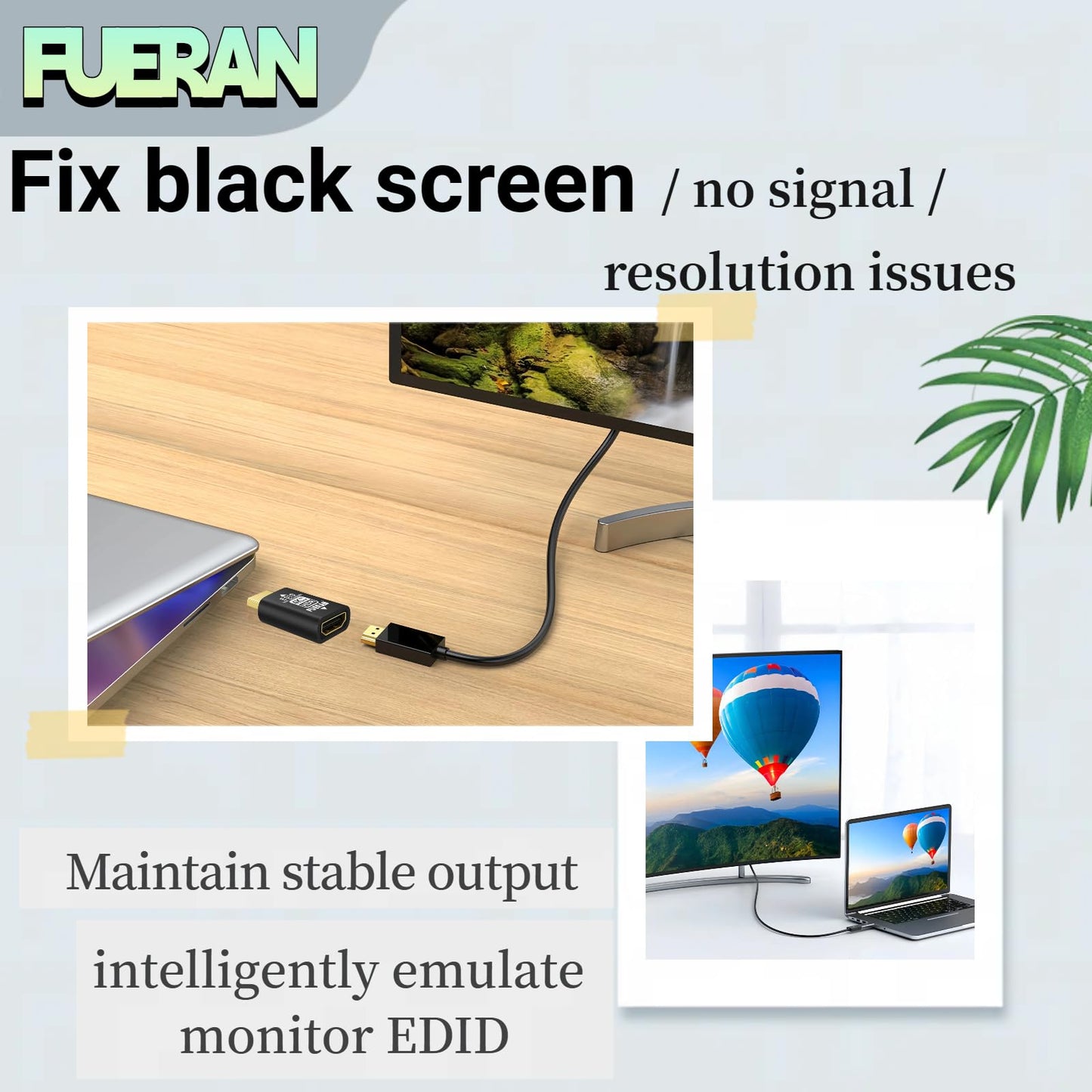 FUERAN HDMI edid Emulator Adapter,4K-HDR(default-1920X1080@60Hz) emulators,Reliable Pass-Through for Video Splitters, Extenders, AV Receivers -Plug