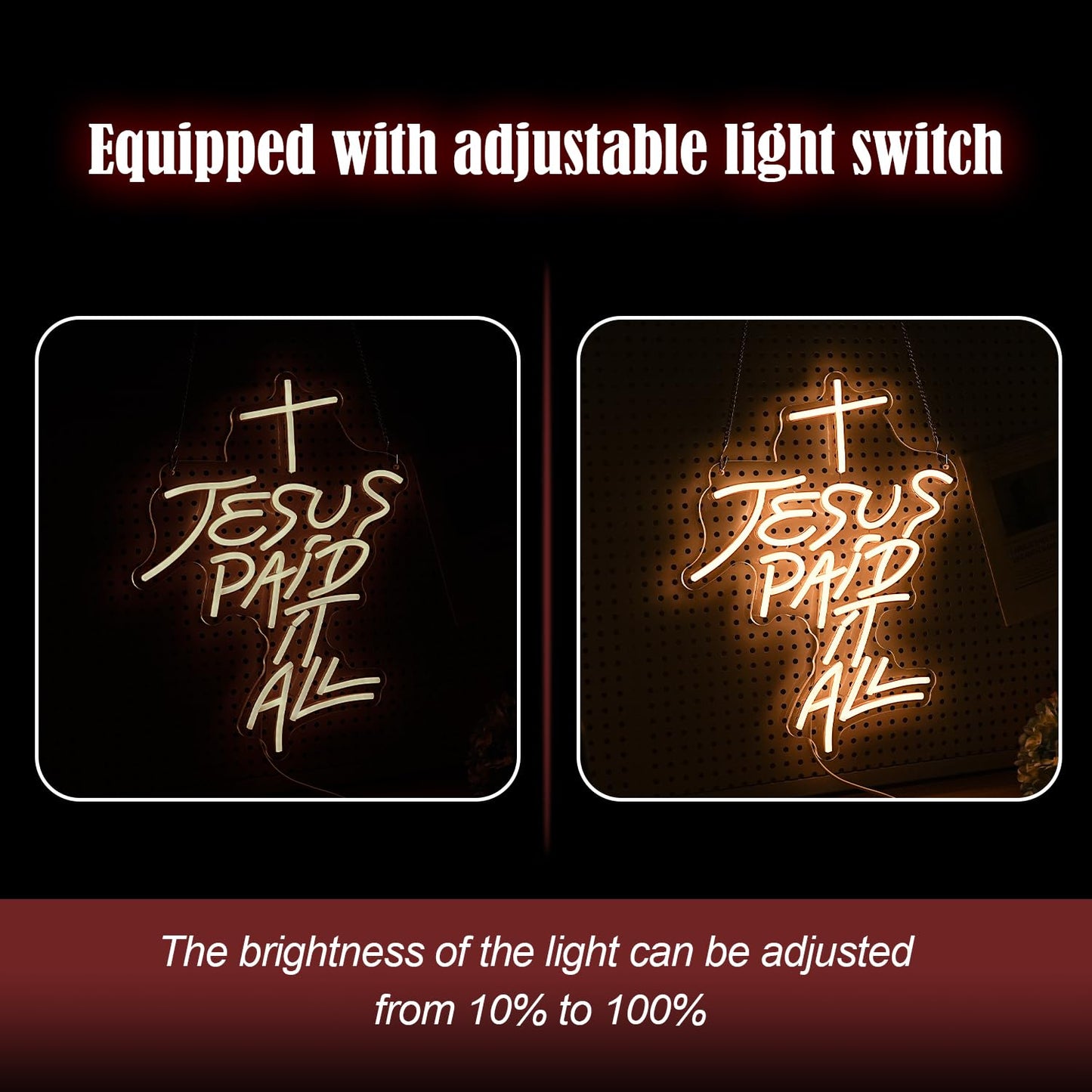 LIUOZHTEA Jesus Paid It All Neon Sign Warm White Cross Neon Light for Wall Decor Dimmable Jesus Cross LED Light Up Sign for Christian Church Christmas