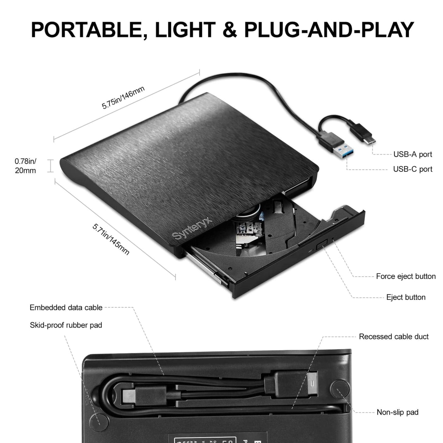 Synteryx External CD DVD Drive USB and Type-C, Portable Slim CD/DVD +/-RW Burner Reader Writer Player for Laptop Desktop PC Mac Windows Linux OS Apple