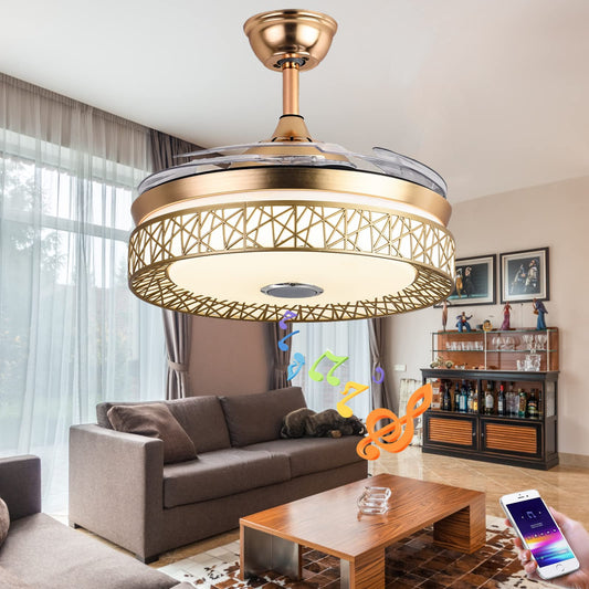 42inch Invisible Fandelier Ceiling Fan with Lights and Bluetooth Speaker, Retractable Fan Chandelier with Remote Control 3 Light Color 3 Speeds Silent