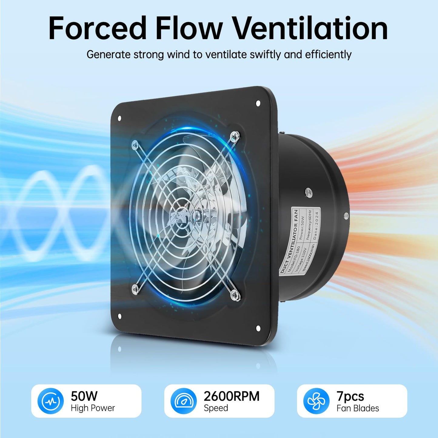 GDIFLS 7 Inch Exhaust Fan - 110V Wall Mount Vent Fan with High-Speed Copper Motor for Kitchen, Bathroom, Attic & Garage - Black Ventilation Fan