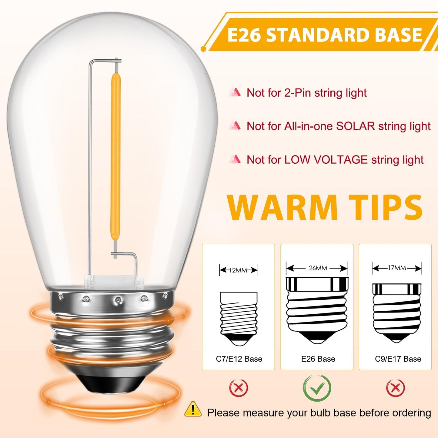 GvvooHome 24 Pack LED S14 Replacement Light Bulbs, Waterproof 1W Vintage Edison Bulbs for Outdoor Patio Backyard String Lights, Dimmable, E26 Regular