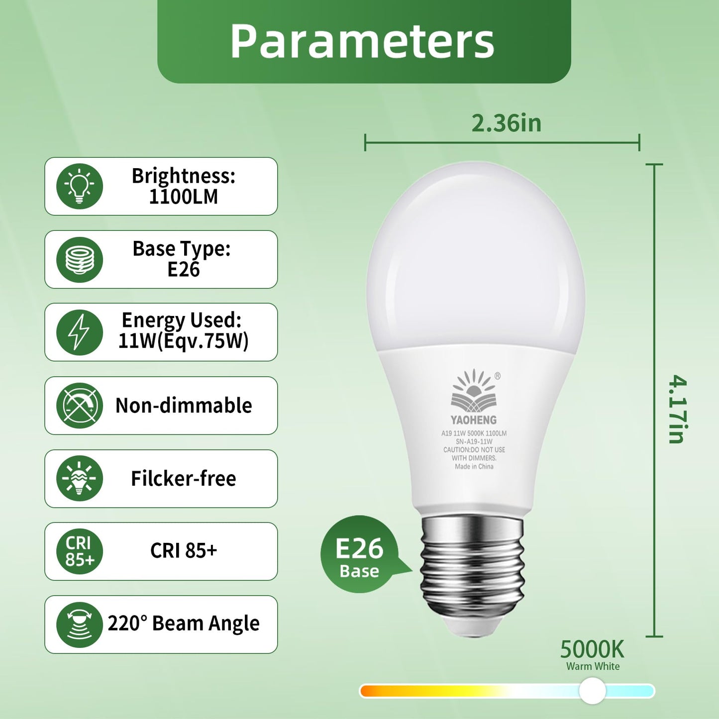 YAOHENG A19 LED Light Bulb 75 Watt Equivalent, 11 Watt Light Bulbs, 5000K Daylight, 1100 Lumens, Non-Dimmable, E26 Base Lightbulbs, Standard LED Bulbs