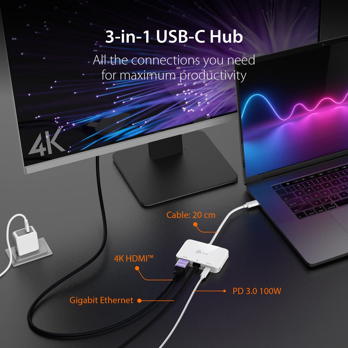 j5create USB Type C to 4K HDMI and Gigabit Ethernet with PD 100W Pass-Through Charging, for MacBook Pro, MacBook Air, Chromebook, Surface Pro, iPad
