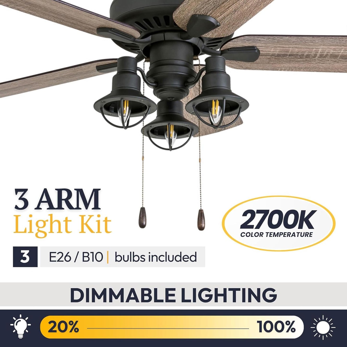Prominence Home Ennora 52 Inch Ceiling Fan with LED Light, Pull Chain Control, 5 Blades with Reversible Motor and Tri-Mount Options, Bronze