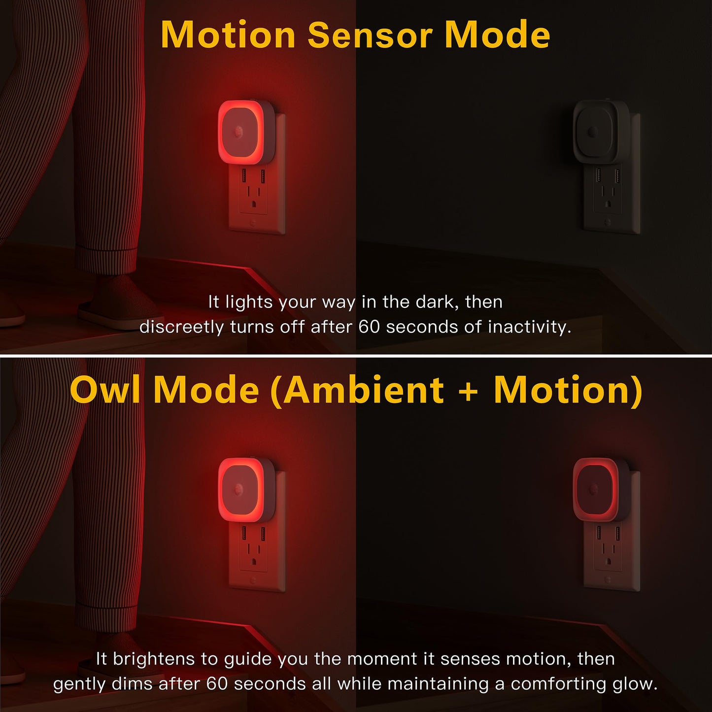 YUNLEX 2 Pack Plug in Red Night Light with Motion Sensor & Dusk to Dawn Sensor, Soft Glow, 0% Blue Light, Dimmable, Auto On/Off, 3 in 1 LED Lights
