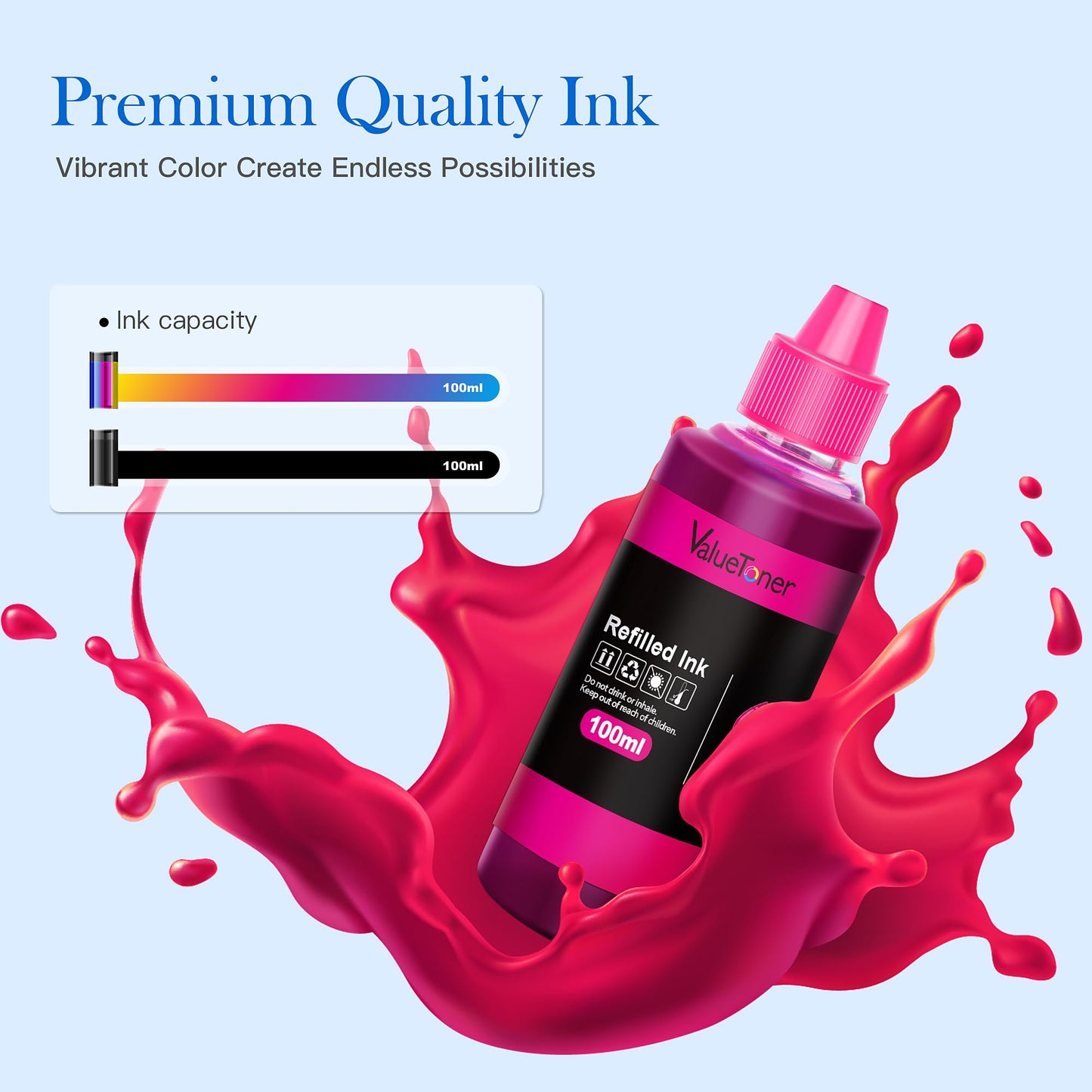 Valuetoner Ink Refill Kit for HP Printer Cartridges for HP67 67XL 63 63XL 65 65XL 61 61XL 950 950XL 951XL 902XL 952XL Ink Cartridge, 100ML x 5 Bottles