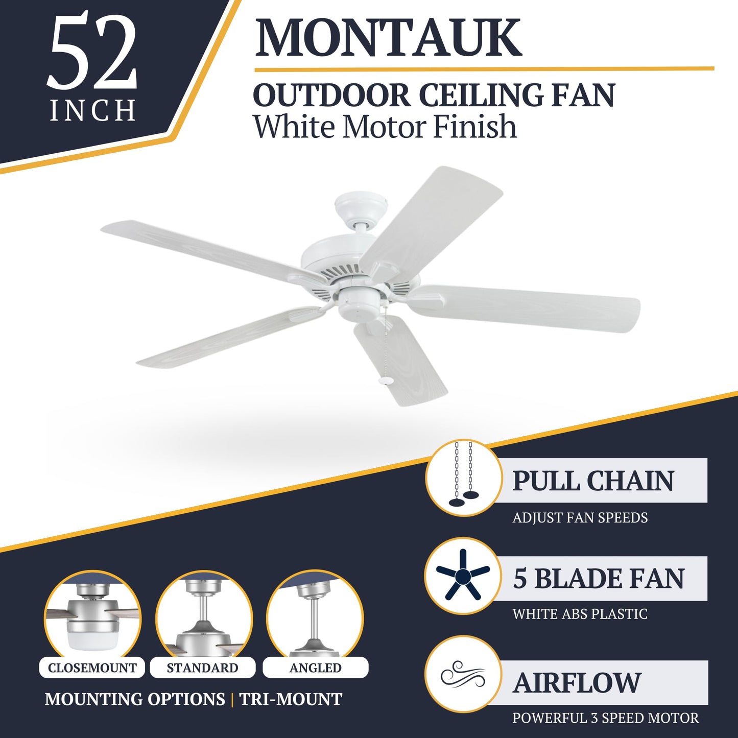 Prominence Home Montauk, 52 Inch Classic Style Ceiling Fan with No Light, Pull Chain, Three Mounting Options, 5 Dual Finish Blades, Reversible Motor