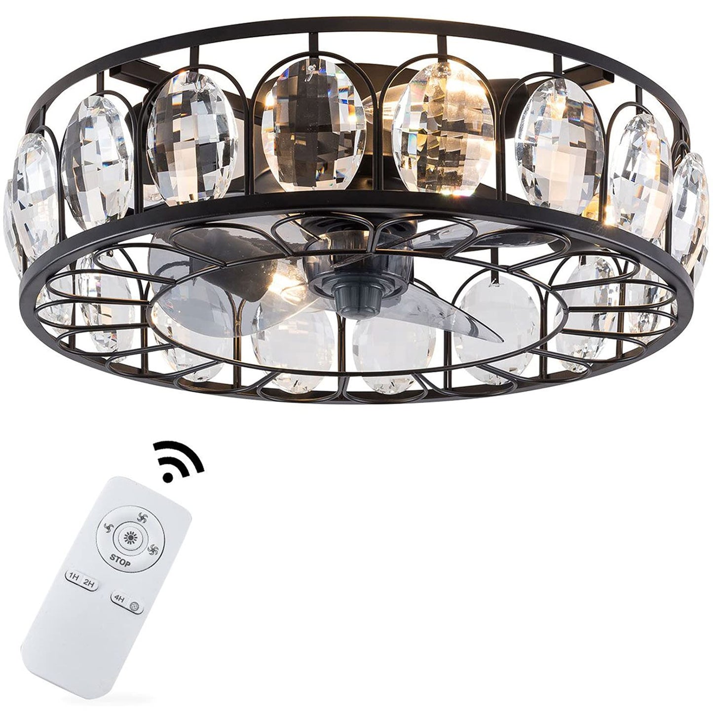 kangten 18 Inch Crystal Ceiling Fan with Lights Black Iron Modern Caged 4 E27 Adjustable 3 Wind Speed W/Remote Control Low Profile Chandelier Ceiling