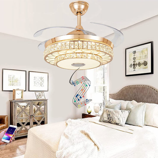 efperfect 42in Bluetooth Ceiling Fan with Lights Remote Control, Crystal Fandelier Retractable Blades LED Chandelier with Music Speaker Fan Fixtures
