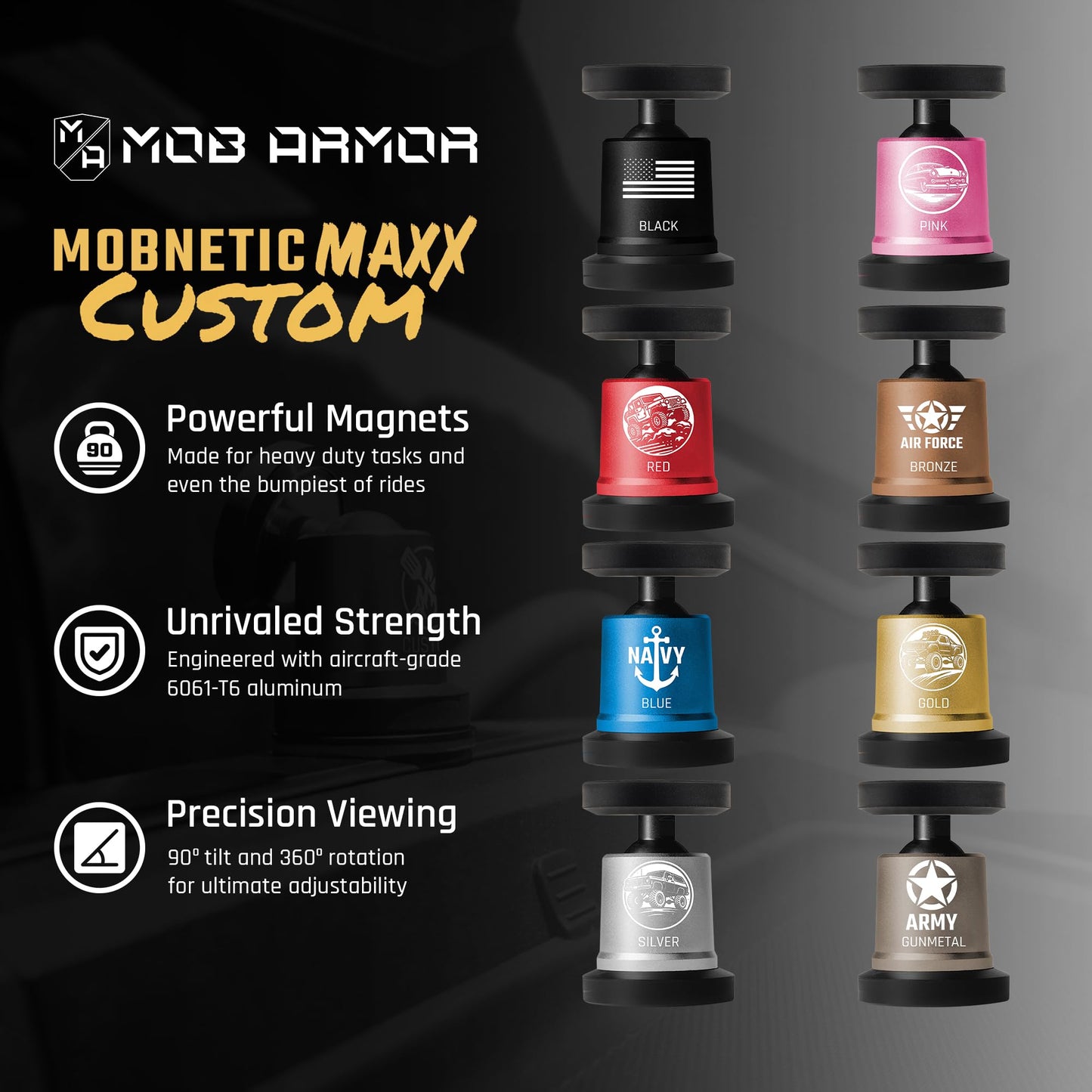 Mob Armor MobNetic Maxx - Customized Magnetic Phone Holder for Car, Personalized Car Phone Mount with 90-Degree Tilt, 360-Degree Rotation, Aluminum