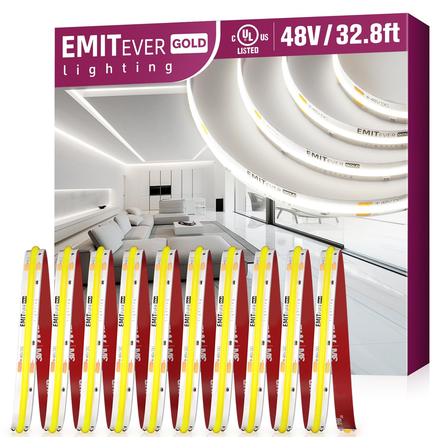 EMITEVER 48V DC COB LED Strip Light Cool White,5000K 32.8ft High Density Tape Light, Dimmable Rope Light for Bedroom,Kitchen,Cabinet, 300Lm/ft