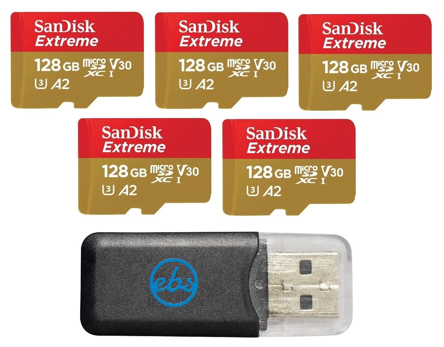 SanDisk 128GB MicroSD Extreme Memory Card (5 Pack) Memory Card for DJI FPV Drone (SDSQXAA-128G-GN6MN) Class 10 4K V30 UHS-I U3 A2 SDXC Bundle with (1)
