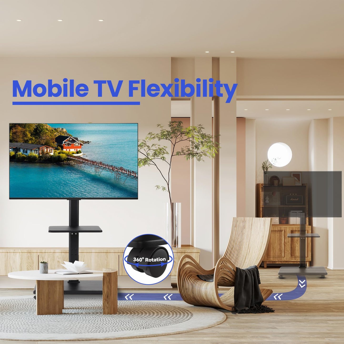 Mobile TV Stand - Rolling TV Cart with Power Outlet?Mobile TV Cart for 32-70 inch TVs up to 88 lbs, Height Adjustable Portable TV Stand on Wheels