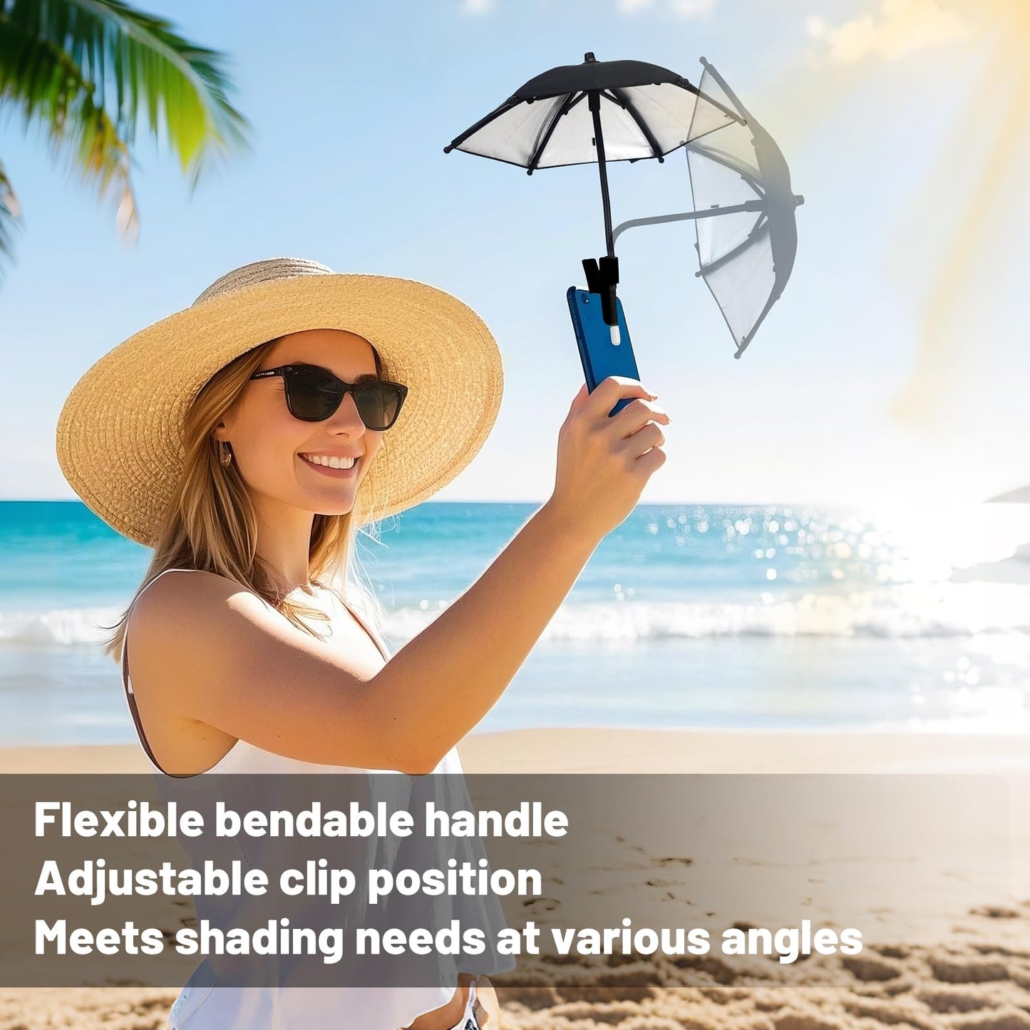 TOUGHMATE Mini Clip-on Phone Umbrella for Sun Flexible Adjustable Handle, Cell Phone Umbrellas Sun Shade Protects from Sunlight and Glare, Universal