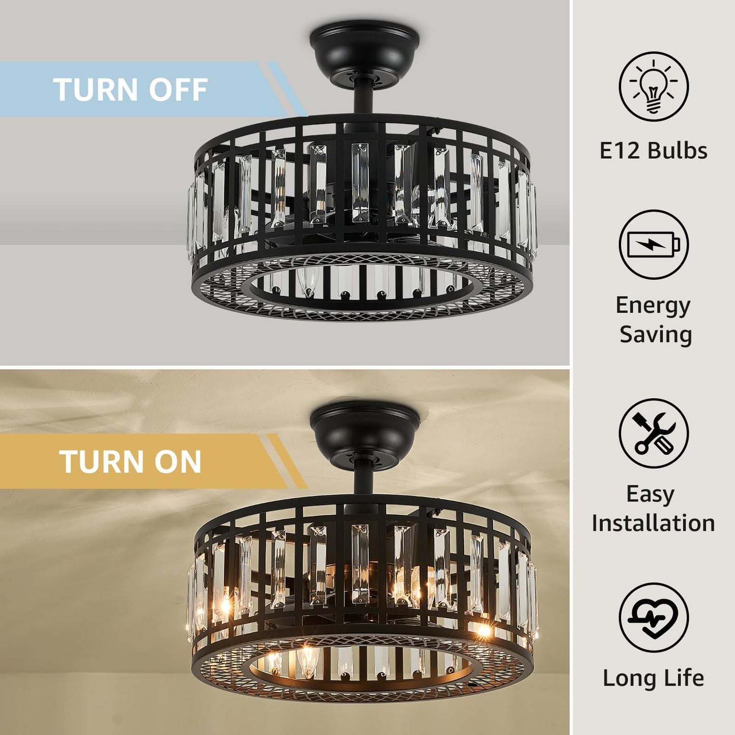 MOOONICHE 18" Black Crystal Caged Ceiling Fan with Light and Remote, Industrial Caged Chandelier Fan 8-Blade Fandelier Modern Enclosed Ceiling Fan