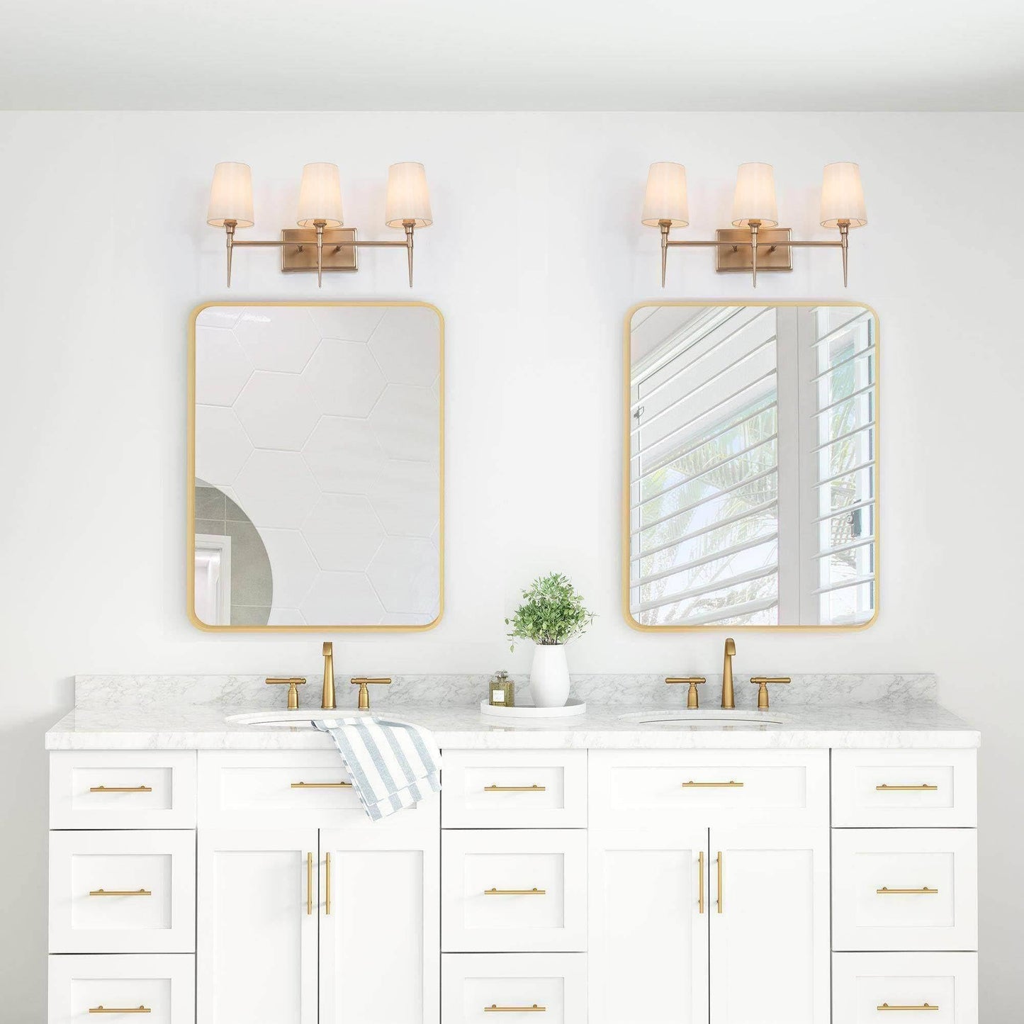 GEPOW Bathroom Wall Light Fixtures, 3-Light Gold Vanity Light with White Fabric Shade, Modern Wall Lamp Over Mirror for Hallway, Bedroom, Kitchen