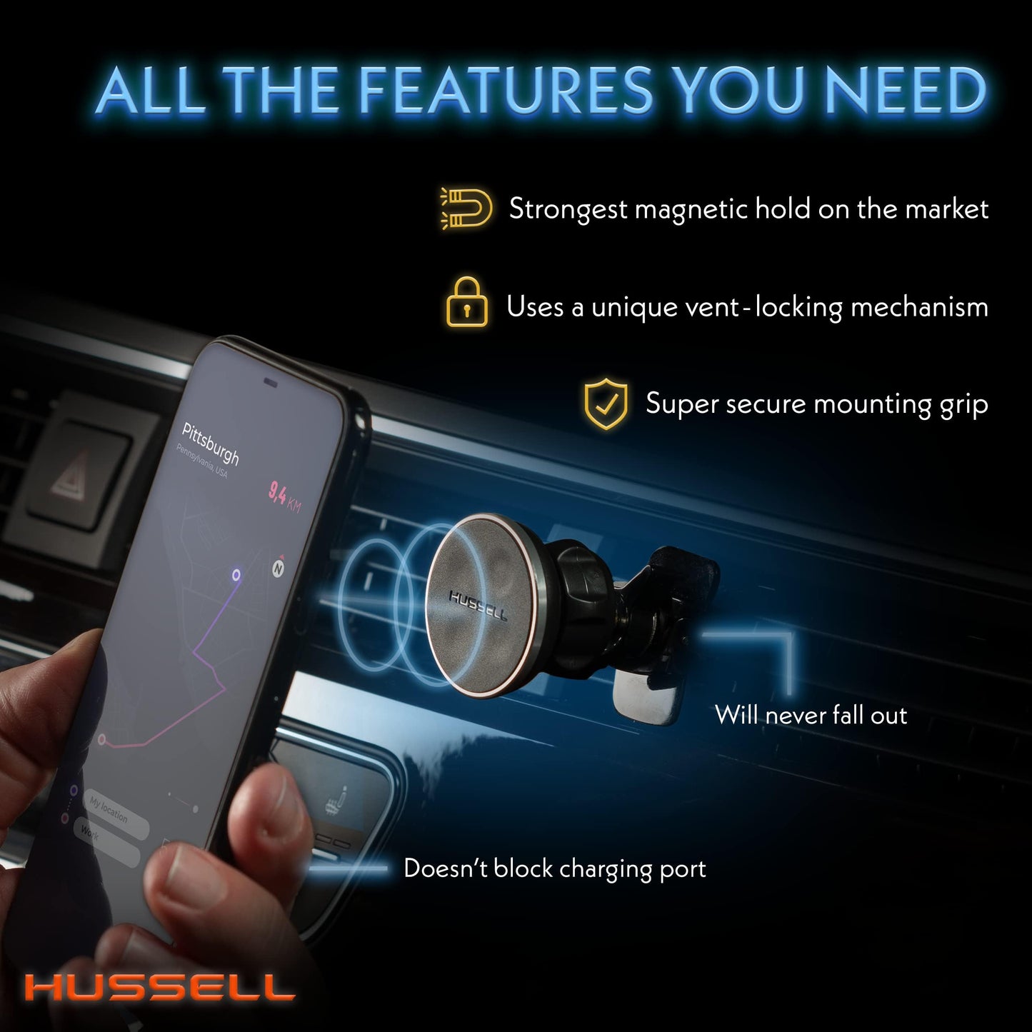 HUSSELL Magnetic Phone Car Mount, Air Vent Phone Mount for Car 360° Adjustable Universal Magnet Phone Holder - Compatible with Any Cell Phone, iPhone