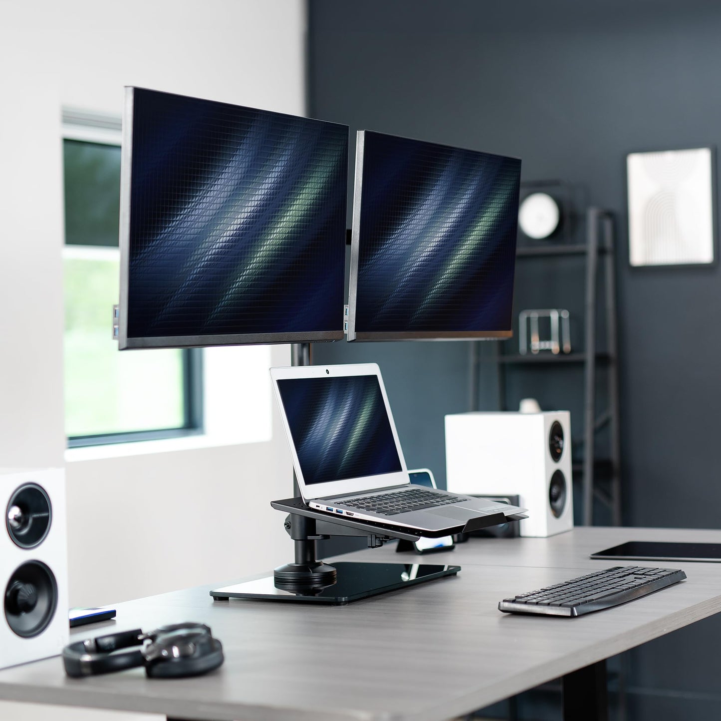 VIVO Freestanding Dual Computer Monitor and Laptop Combo Desk Stand with Glass Base, Fits up to 32 inch Monitors and 17 inch Laptops, Black