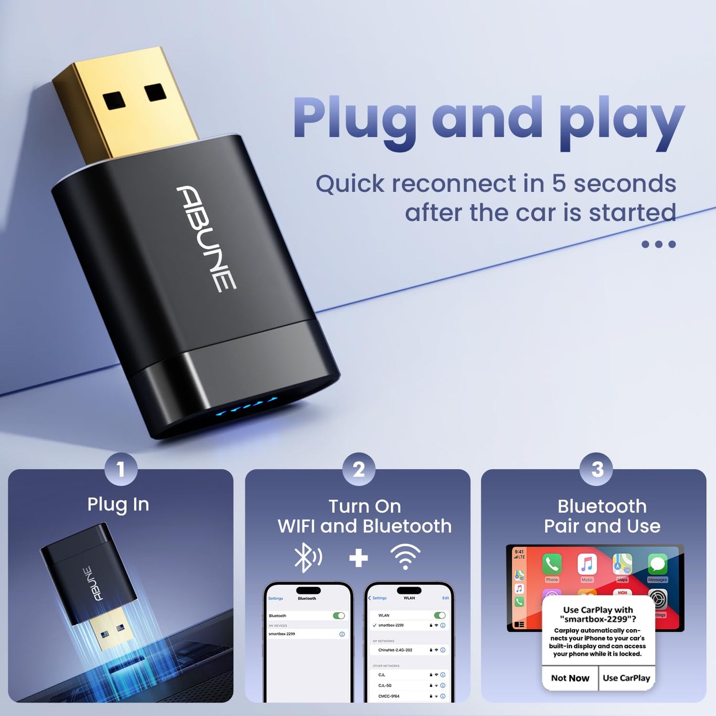 Mini Wireless CarPlay Adapter for iPhone, 2 in 1 CarPlay and Android Auto Adapter, Wired to Wireless, Plug & Play, Seamless Car Connectivity, Compact