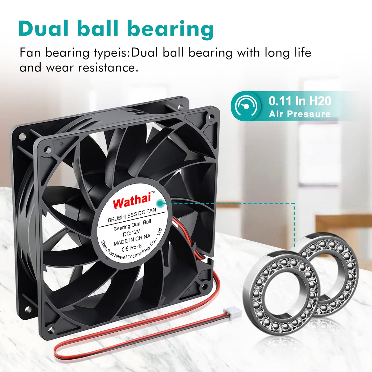 Wathai 140mm x 38mm Case Fan 12V Exhaust Fan Dual Ball High Airflow 220CFM 3000RPM DC High Static Pressure CFM Fan for DIY Project Ventilation Cooling