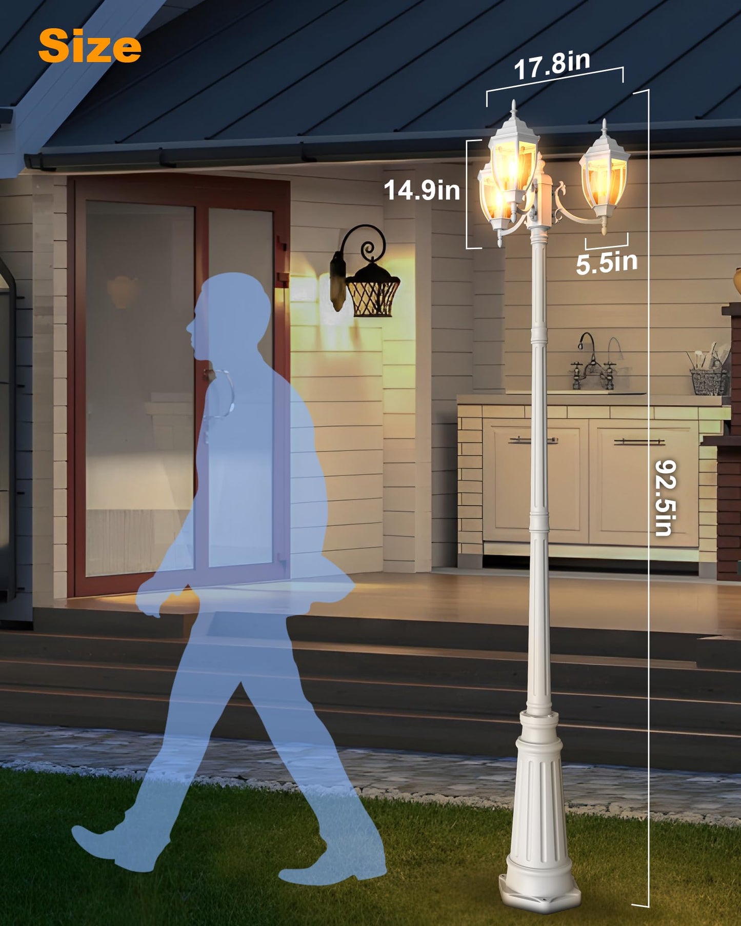 HORTUZZ Lamp Post Outdoor Lighting, 3-Head White Hard Wired Pole Light for Outside, E26 Base Maximum 100W (Bulb Not Included), Waterproof Street Light