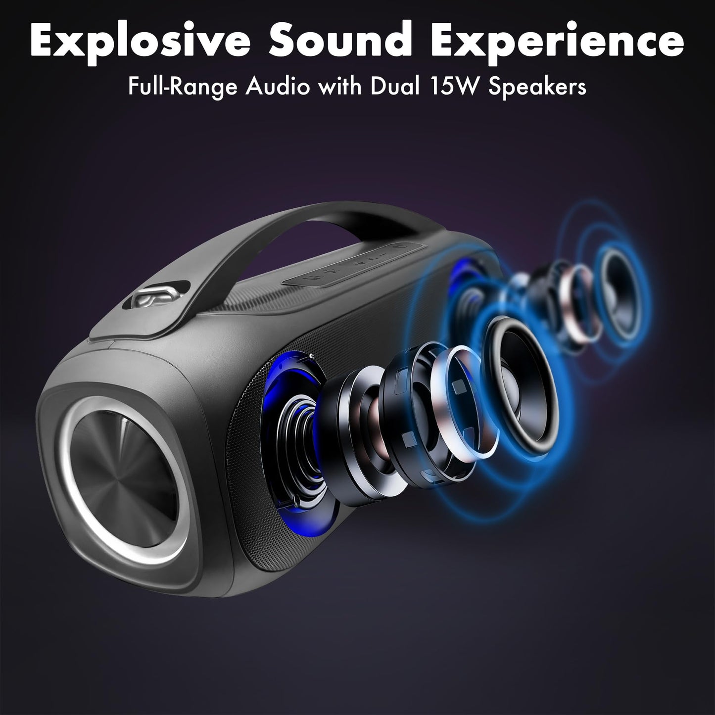 Fisher Portable Bluetooth Speakers, IPX5 Waterproof Speaker, 60W Peak Power Stereo Boombox HD Sound Bluetooth Speaker with RGB Lights, TWS, FM Radio