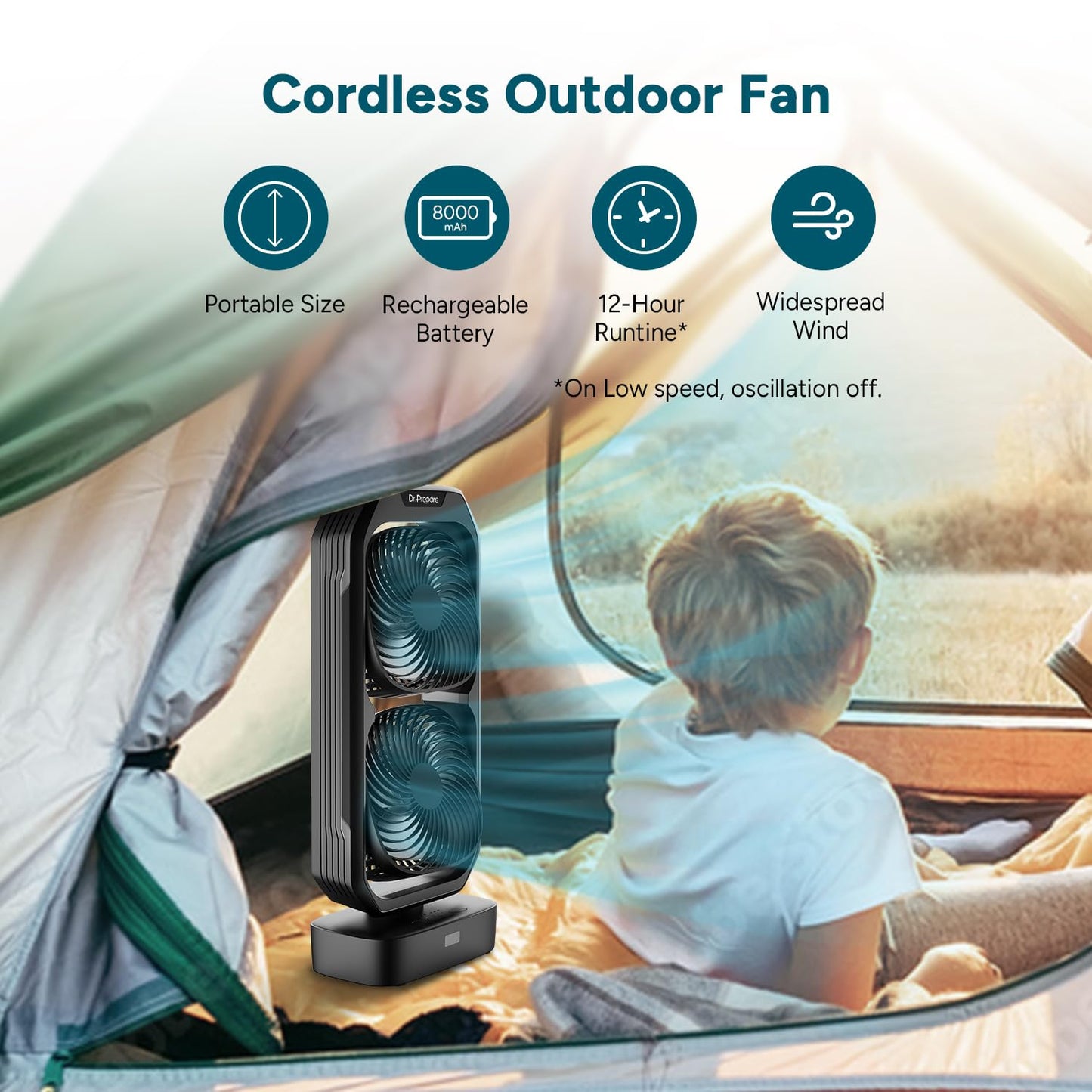 DR.PREPARE 120° Oscillating Quiet Tower Fan with Remote, Small Battery Powered Desk Fan for Bedroom, 250° Tilt, 3 Speeds, 8H Timer, Portable