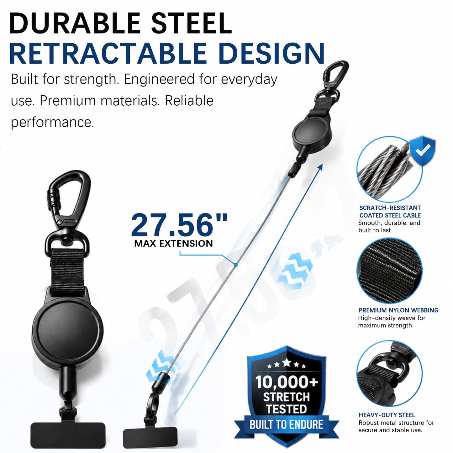 Rosmas Retractable Anti?Loss Phone Tether with Locking Metal Clip, Heavy Duty Steel Cable, Secure Phone Lanyard,Metal 360° Tether Tab for Daily Carry