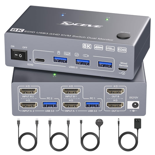 KCEVE USB 3.0 HDMI2.1 KVM Switch 2 Monitors 2 Computers with EDID, 8K@60Hz & 4K@144Hz, Dual Monitor KVM Switch Share Keyboard Mouse, 4 USB 3.0 Ports