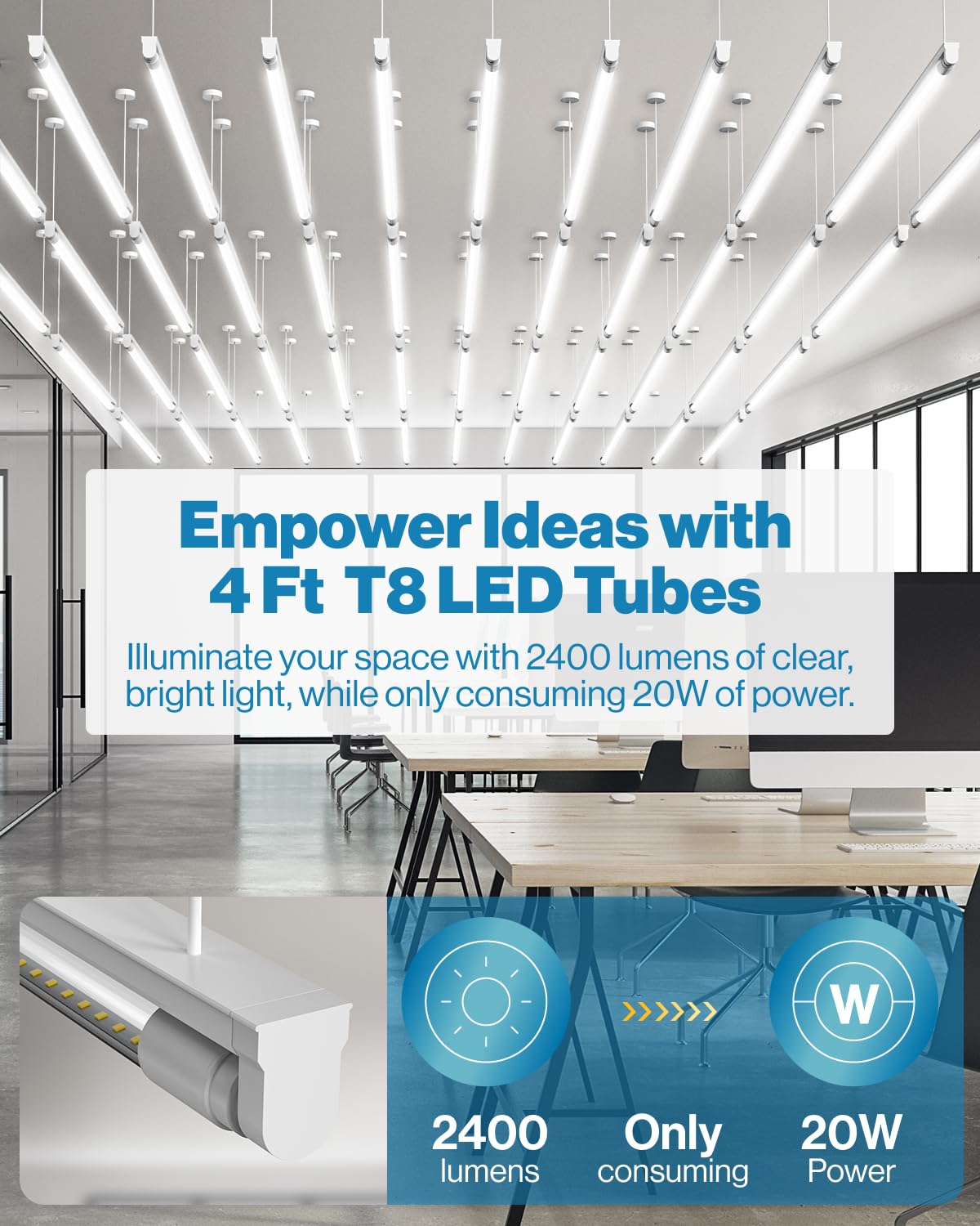 Sunco 10 Pack 4 Foot T8 LED Tube Light Bulbs, 6000K, 20W, Hybrid A+B