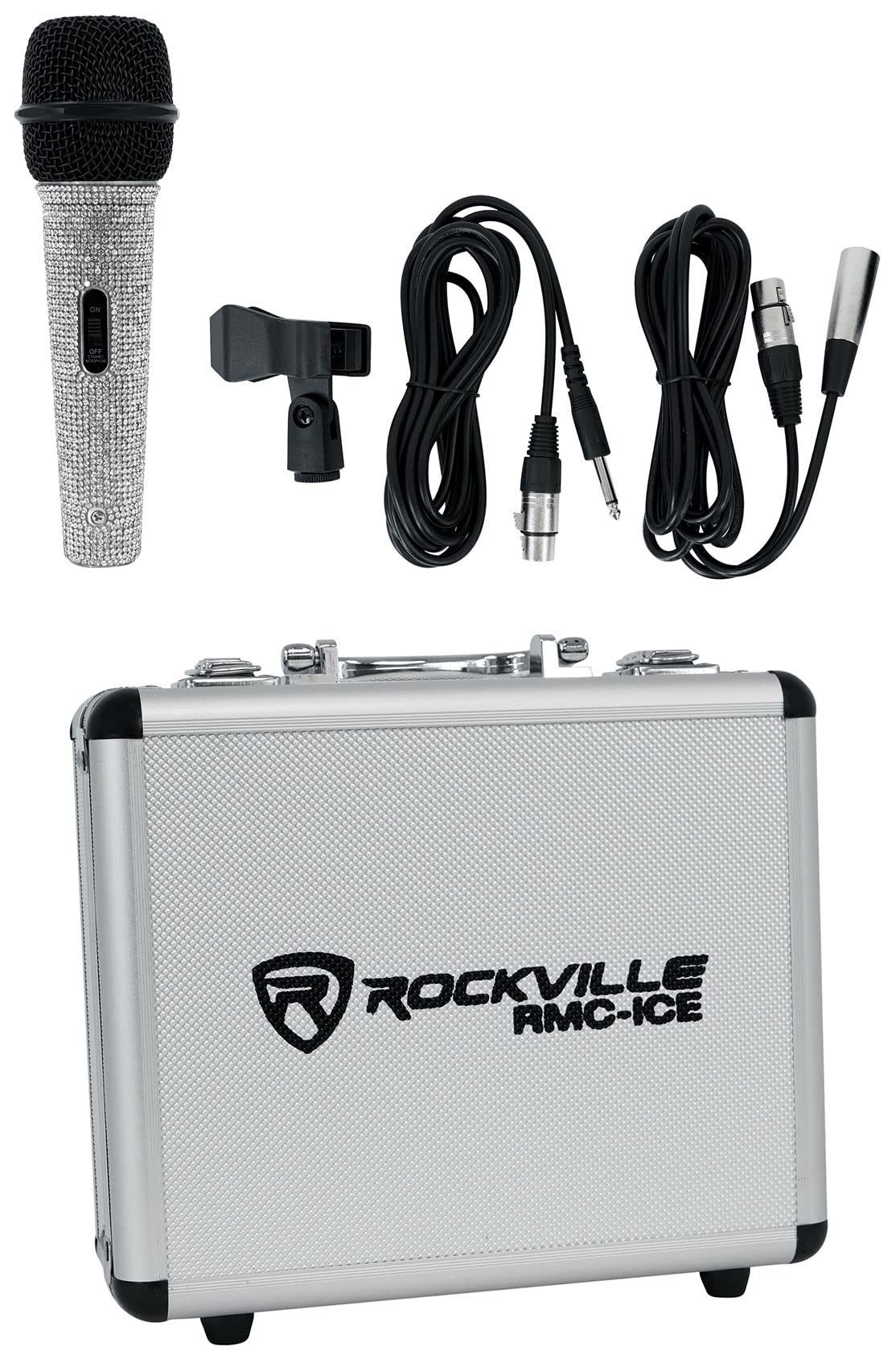 Rockville RMC-ICE Pro Dynamic Vocal Microphone, Cardioid, Faux Diamond-Covered, Rugged Metal Body, 2 Cables, Case, Mic Clip, for Stage, Studio