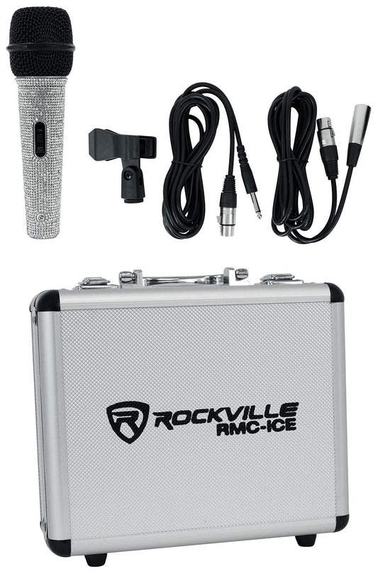 Rockville RMC-ICE Pro Dynamic Vocal Microphone, Cardioid, Faux Diamond-Covered, Rugged Metal Body, 2 Cables, Case, Mic Clip, for Stage, Studio